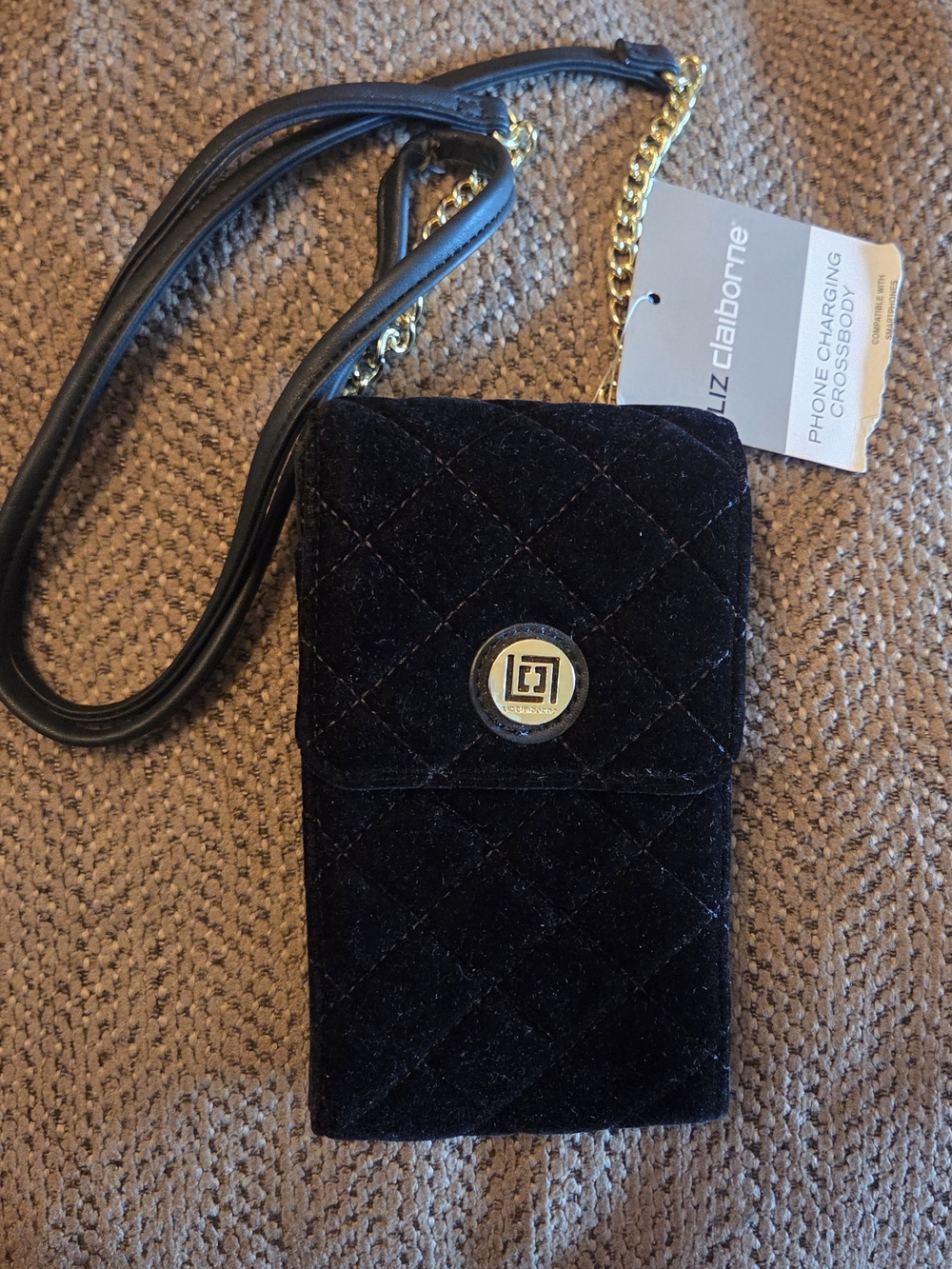 Liz Claiborne Black Quilted Velvet Phone Crossbody with Gold Accent